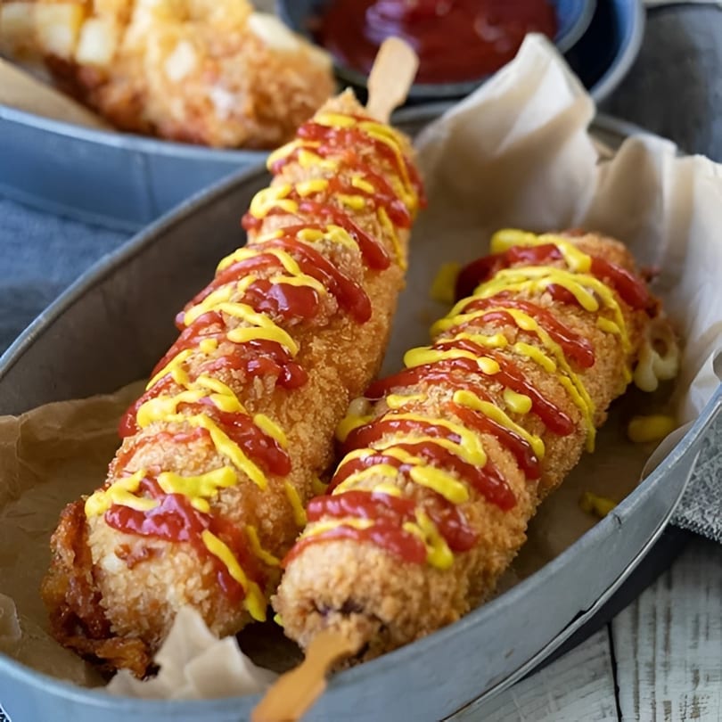 Two golden-brown corn dogs, drizzled with ketchup and mustard, served in a metal tray.