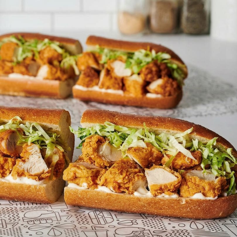 Three crispy chicken sandwiches with shredded lettuce and white sauce on a patterned paper.