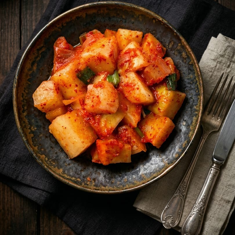 Top-down view of a bowl of spicy cubed radish kimchi with green onions, on a dark wooden table.
